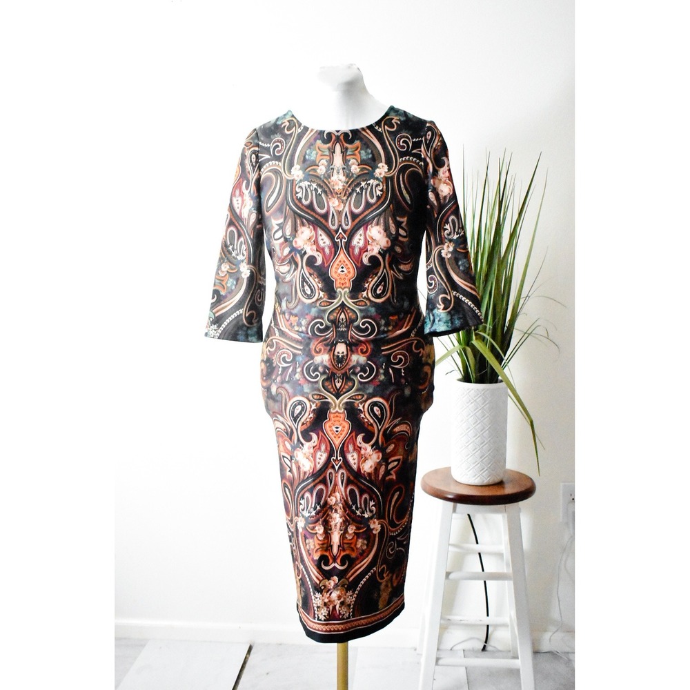 ECI New York Sheath Dress Womens 8 Black Paisley Floral 3/4 Sleeve Knee Length
